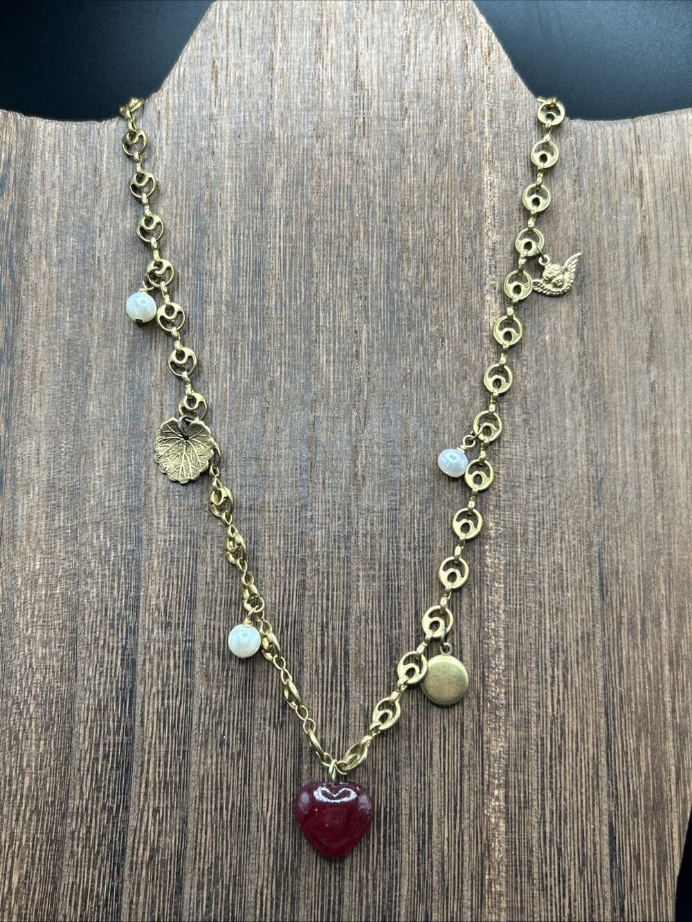 Gold Tone Faux Pearl Charm Locket And Glass Heart 17” Chain Necklace